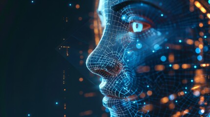 Poster - A humanoid face is depicted with a glowing, digital appearance, surrounded by colorful data points.