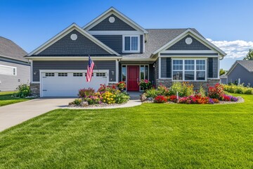 Wall Mural - an American-style home with gray walls, white trim, and a red door. There is lush, green grass in the front yard and beautiful flowers in the landscaping