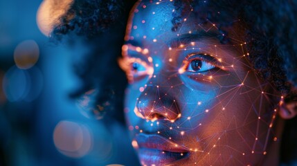 Poster - A young woman with curly hair looks thoughtfully ahead, her face illuminated by vibrant facial patterns resembling circuits, suggesting a futuristic theme in a dimly lit space.