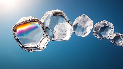 Wall Mural - Close-up of ice crystals floating in a blue sky, reflecting sunlight and creating a rainbow effect