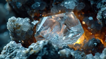 Fototapete - A stunning crystal gem rests among a bed of sparkling minerals, showcasing its intricate facets and brilliance in an underground environment filled with shimmering textures and colors.