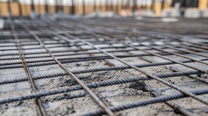 Steel rebar mesh arranged in orderly pattern on concrete, showing metal lines against the gray cement floor, with construction elements like steel beams and walls in the background under development