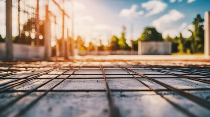 Steel rebar mesh arranged in orderly pattern on concrete, showing metal lines against the gray cement floor, with construction elements like steel beams and walls in the background under development