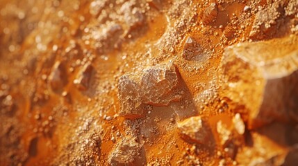 Poster - Close up view of a rugged terrain featuring orange soil and various sizes of stones, illuminated by soft, natural light on a clear day.