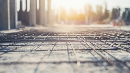 Steel rebar mesh arranged in orderly pattern on concrete, showing metal lines against the gray cement floor, with construction elements like steel beams and walls in the background under development