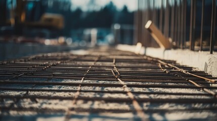 Steel rebar mesh arranged in orderly pattern on concrete, showing metal lines against the gray cement floor, with construction elements like steel beams and walls in the background under development
