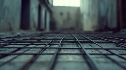 Steel rebar mesh arranged in orderly pattern on concrete, showing metal lines against the gray cement floor, with construction elements like steel beams and walls in the background under development