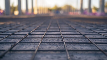 Steel rebar mesh arranged in orderly pattern on concrete, showing metal lines against the gray cement floor, with construction elements like steel beams and walls in the background under development