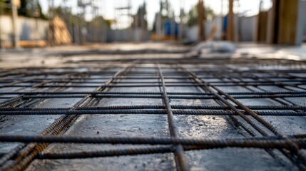 Steel rebar mesh arranged in orderly pattern on concrete, showing metal lines against the gray cement floor, with construction elements like steel beams and walls in the background under development