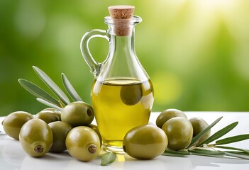 Olive oil in a glass bottle and green olives with leaves isolated on white background,olive, leaf, glasses, liquid, mediterranean, oil, 894