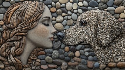 Wall Mural - Relief of a woman and dog touching noses, stone wall background. Possible use art