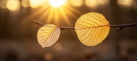 Wall Mural - Two Golden Autumn Leaves on a Branch, Backlit by a Setting Sun, Soft Bokeh Background