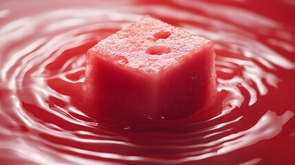 Fresh watermelon cube floating in vibrant red liquid, creating ripples, ideal for summer beverage themes