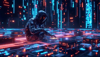 Cyberpunk Hacker Working on Futuristic Circuitry with Digital Background