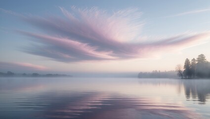 Wall Mural - soft morning light envelopes a tranquil lake as wispy clouds reflect in still waters