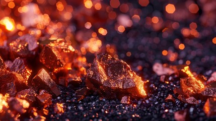 Aufkleber - Natural volcanic rocks exhibit vibrant colors and sparkling surfaces in a glowing lava field, reflecting light at dusk, showcasing the beauty of geological phenomena.