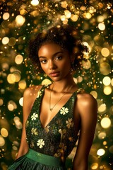 Wall Mural - St. Patrick's Portrait of a woman with a confident pose, wearing a green sleeveless top with a subtle shamrock print and a flared mini skirt. The background is a blur of sparkling gold