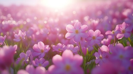 Canvas Print - Field of Dreams Soft Pink Flowers Bloom in Warm Sunlight with Creamy Bokeh Background