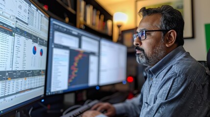 Leinwandbilder - A man focuses intently on his work in a home office, with several monitors showcasing charts and code while warm light creates a productive atmosphere in the evening hours.