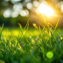 Wall Mural - natural grass background with blurred bokeh and sun