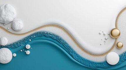 Wall Mural - Blue wave with white and gold spheres on it. Minimalistic background.