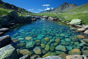 Canvas Print - Clear Mountain Pool With Rocks And Stream