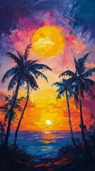 Wall Mural - Vibrant sunset over ocean with palm trees and a full moon in a tropical landscape