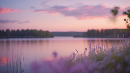 Wall Mural - tranquil lakeside sunset with blooming flowers and soft reflections in still water