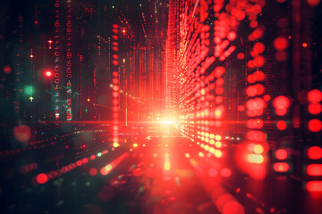 Wall Mural - abstract digital landscape with glowing red binary data streams and light effects in the background