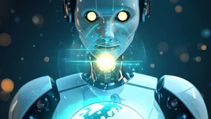 Wall Mural - robot holding globe with bright eyes and futuristic background
