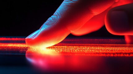 Poster - Bright Finger Touching Glowing Surface with Red Light in Darkness
