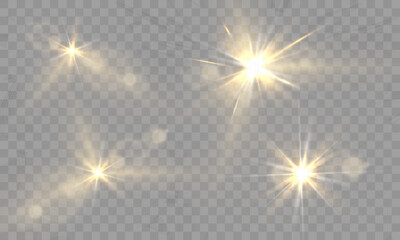 Wall Mural - Glowing gold light bursts, lens flare set, radiant sparkles, transparent overlay, warm illumination, starry highlights, soft bokeh, luminous refractions, abstract shining effects, golden glow accents