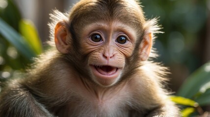 Wall Mural - Funny smiling little monkey face in wildlife