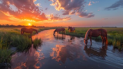 Wall Mural - wild horses drinking from a river at sunset reflec ddeadafbfbefbab AI generated illustration