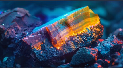 Aufkleber - A striking mineral crystal rests on a bed of dark, rough rock, illuminated by colorful light that highlights its vibrant patterns and textures, creating a captivating visual effect.