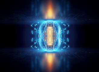 Fototapete - Abstract sci-fi background with glowing blue circuitry and bright orange light in the center, creating a futuristic and technological feel with digital elements.