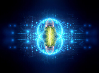 Poster - Abstract sci-fi background featuring a luminous infinity symbol in blue and yellow hues, contrasted against a dark circuit pattern.
