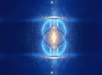 Aufkleber - Abstract sci-fi background with glowing blue and gold elements.  A symmetrical design evokes a sense of futuristic technology and digital network in a vibrant, dynamic composition.