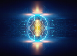 Fototapete - Abstract sci-fi background with glowing energy core. Digital illustration depicts futuristic technology with vibrant blue and orange light effects.  Circuit board style design.