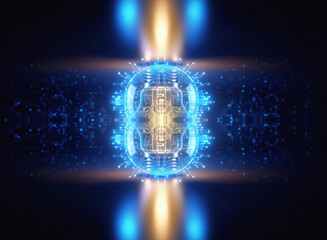 Fototapete - Abstract sci-fi background with glowing blue and gold energy patterns. Futuristic digital design element with a sense of technological advancement.