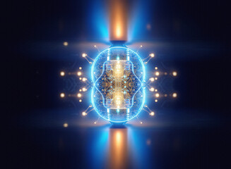 Poster - Abstract sci-fi background with glowing blue and gold light patterns forming a symmetrical futuristic tech design element.