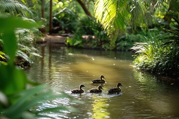 Wall Mural - A serene image of a family of ducks swimming together in a peaceful pond surrounded by lush greenery.