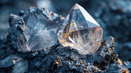 Aufkleber - Two beautiful crystal formations sit prominently on rough, dark mineral terrain, reflecting natural light and revealing their clear, intricate structures and stunning facets.