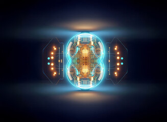 Poster - Abstract sci-fi background. Futuristic technology design with glowing blue and orange light elements, intricate circuit details.