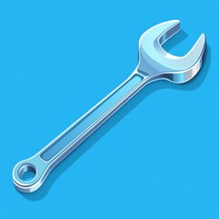 Shiny metallic wrench on blue background - tool for repair and maintenance