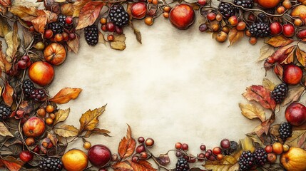 Wall Mural - Autumn fruits leaves frame warm background. AI Generated