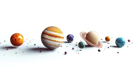 Wall Mural - detailed isolated solar system planets set against a pure white background, showcasing accurate plan