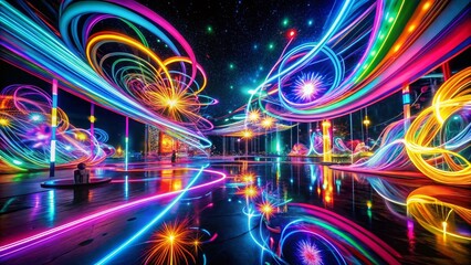 Wall Mural - abstract neon light streaks and bright floating forms on black background - stock photo
