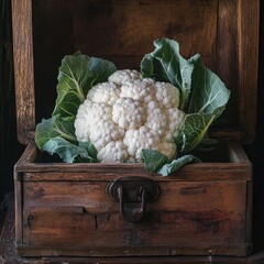 Wall Mural - Cauliflower arranged in a rustic wooden chest, highlighting its white fruits and green leaves