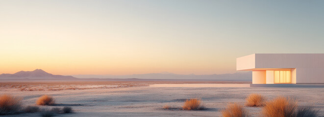 Poster - Minimalist white building in serene desert landscape at sunset, with soft light reflecting on ground and distant mountains in background